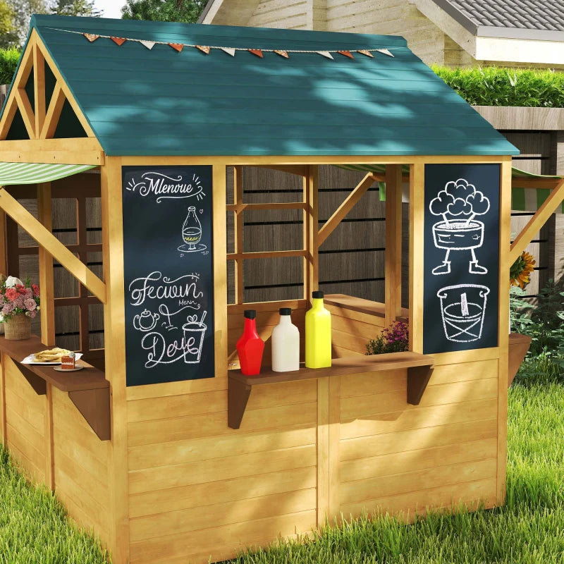 Qaba Wooden Foldable Outdoor Playhouse for Kids Ages 3-8, Snack Bars, Working Door, Rain Covers, Blackboards, Brown