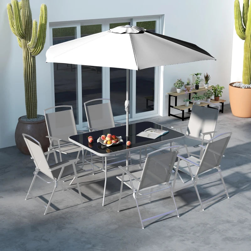 8 Piece Patio Set with Umbrella, 6 Folding Chairs, Rectangle Table, Outdoor Dining Set for 6 with Mesh Seat, Grey
