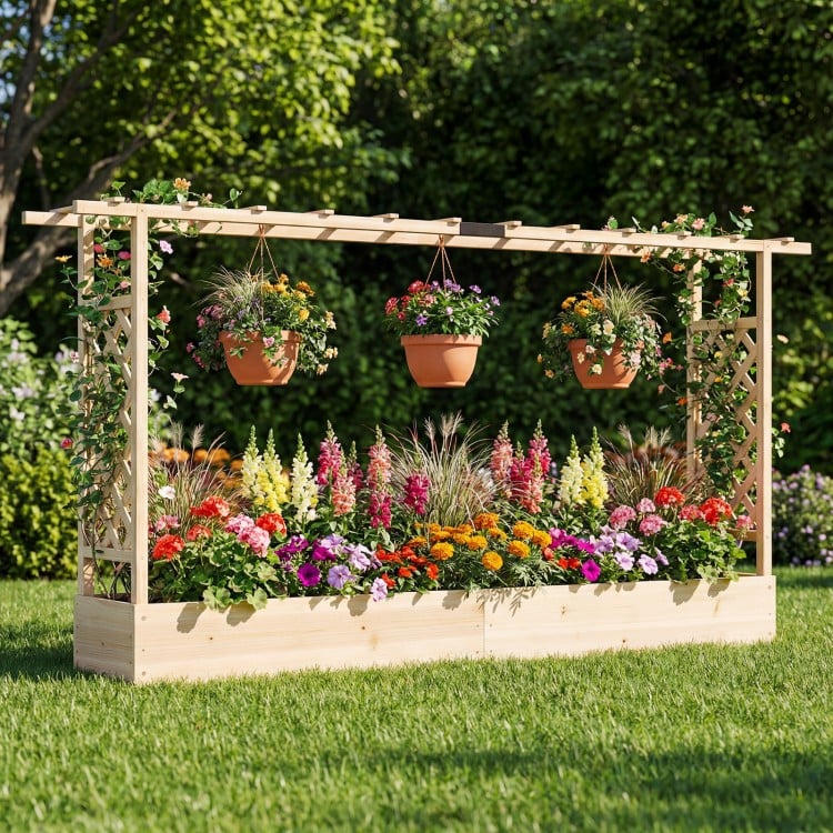 45 Inch Tall Wooden Raised Garden Bed with Side Trellis and Hanging Roof Drainage Holes-Natural