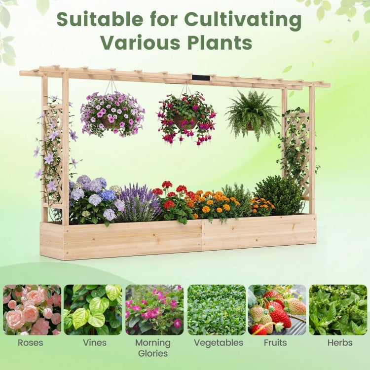 45 Inch Tall Wooden Raised Garden Bed with Side Trellis and Hanging Roof Drainage Holes-Natural