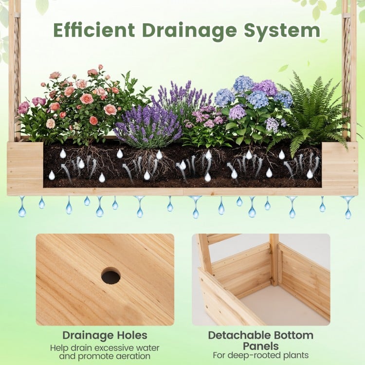 45 Inch Tall Wooden Raised Garden Bed with Side Trellis and Hanging Roof Drainage Holes-Natural