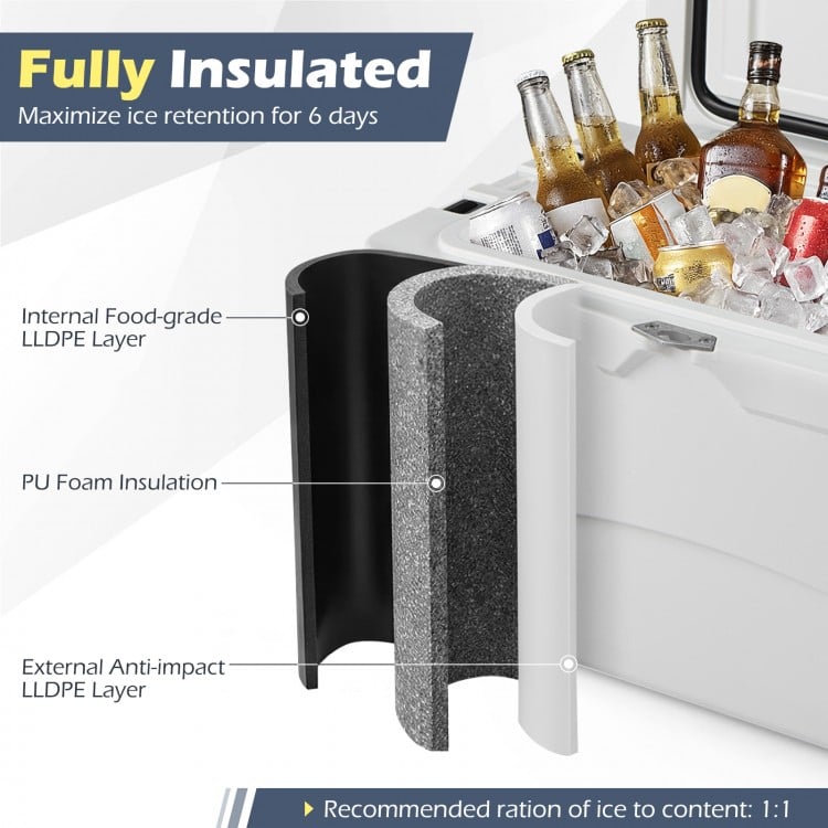 45 Quart Portable Hard Cooler Insulated Ice Chest Keeps Cool for up to 6 Days-White