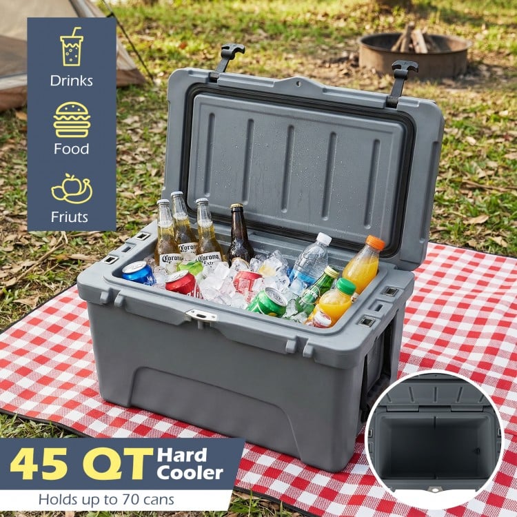 45 Quart Portable Hard Cooler Insulated Ice Chest Keeps Cool for up to 6 Days-Gray