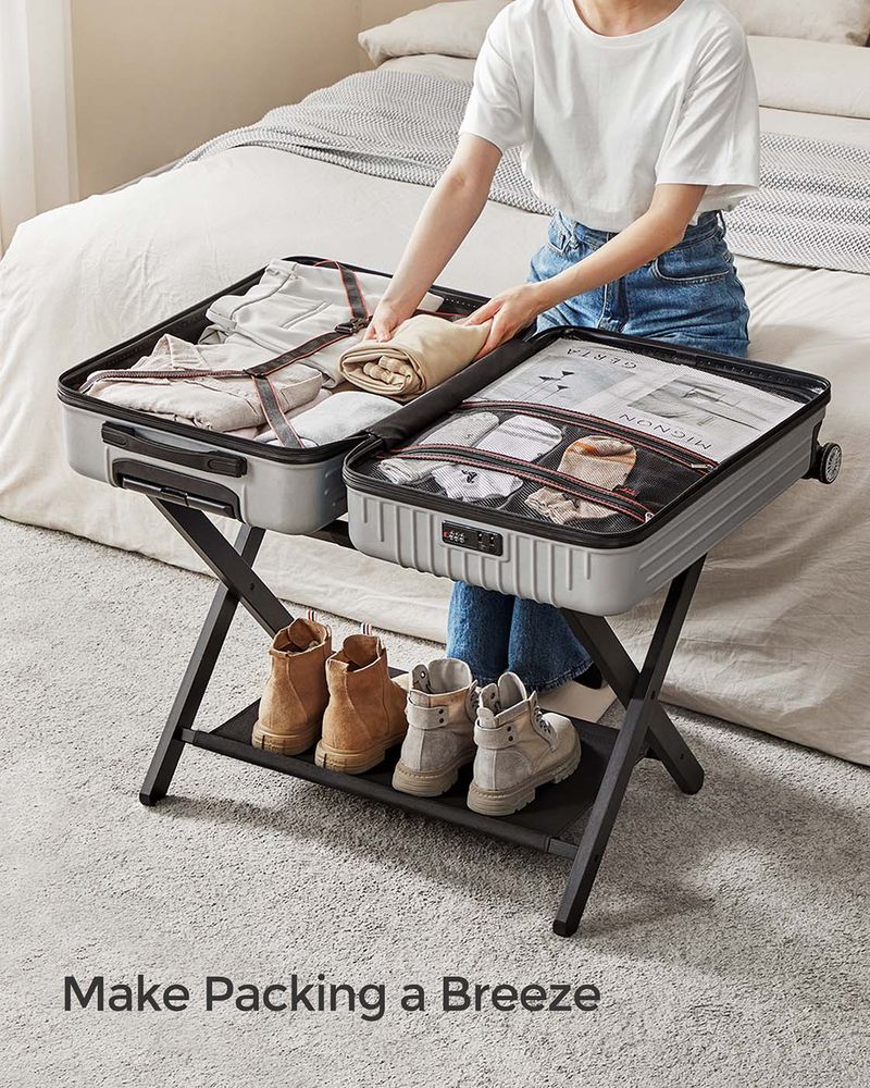 SONGMICS Folding Suitcase Stand with Storage Shelf