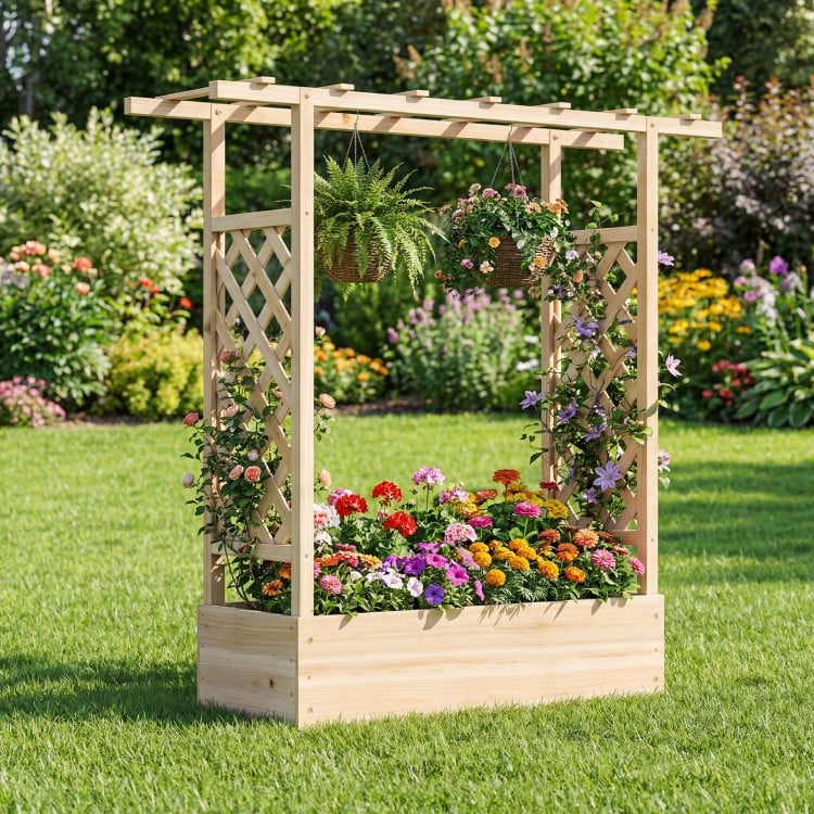 45 inch Tall Wooden Raised Garden Bed with Side Trellis and Hanging Roof-Natural