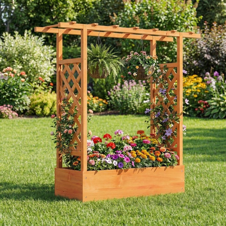 45 inch Tall Wooden Raised Garden Bed with Side Trellis and Hanging Roof-Orange