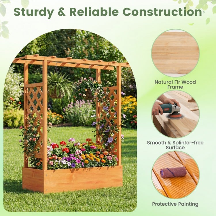 45 inch Tall Wooden Raised Garden Bed with Side Trellis and Hanging Roof-Orange