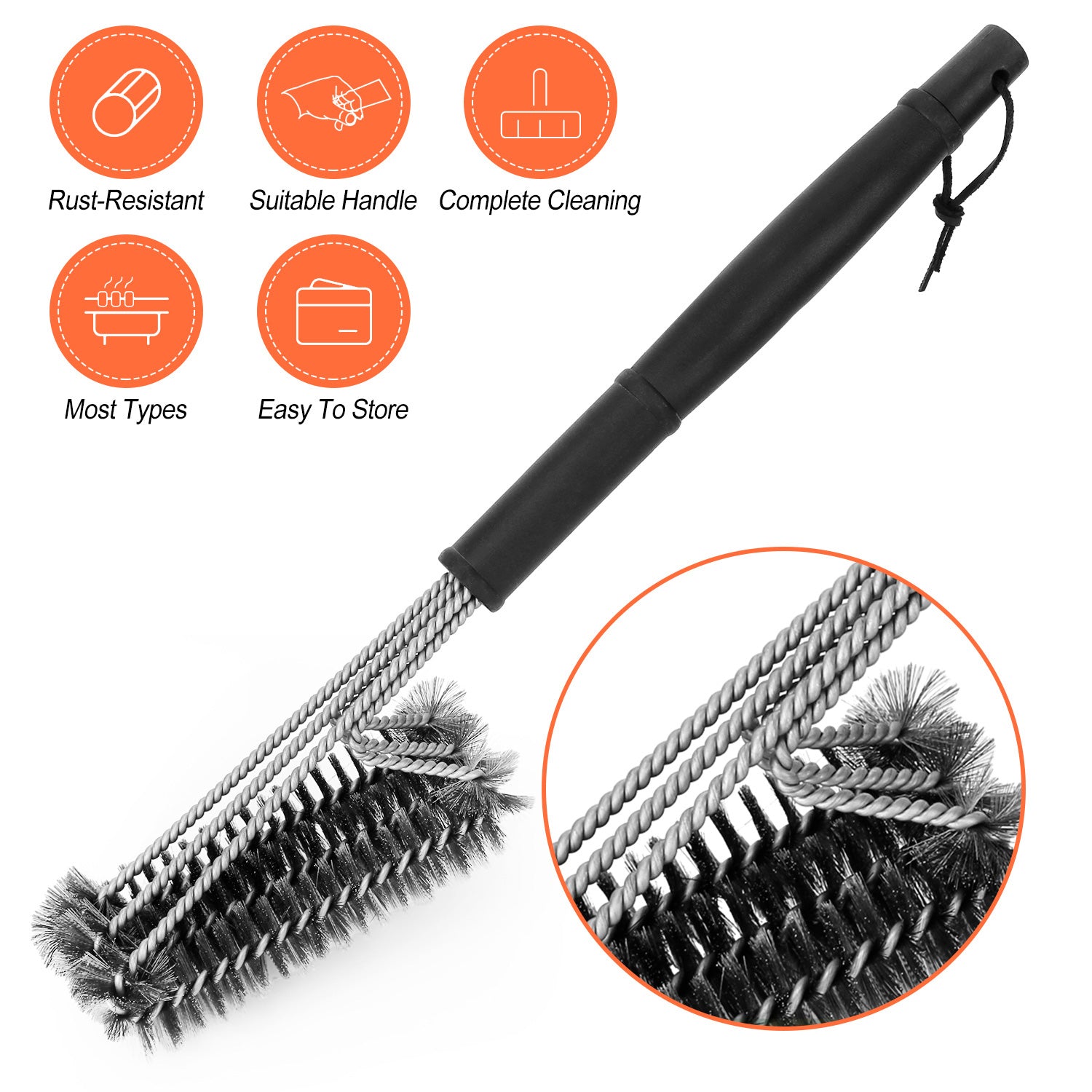 BBQ Grill Cleaning Brush Stainless Steel Barbecue Cleaner w/ 18in Suitable Handle Stiff Wire Bristles for Grill Cooking Grates