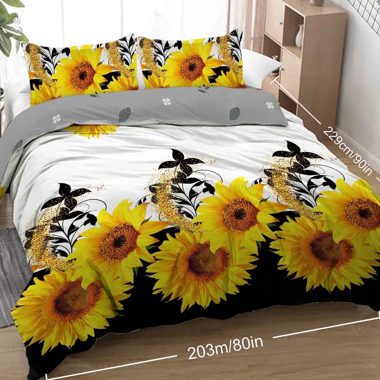 3 Pieces Black And White Background Sunflower Duvet Cover Set Yellow Flower Polyester Bedding Set For Adults Bedroom Decor Twin Full Queen King Size