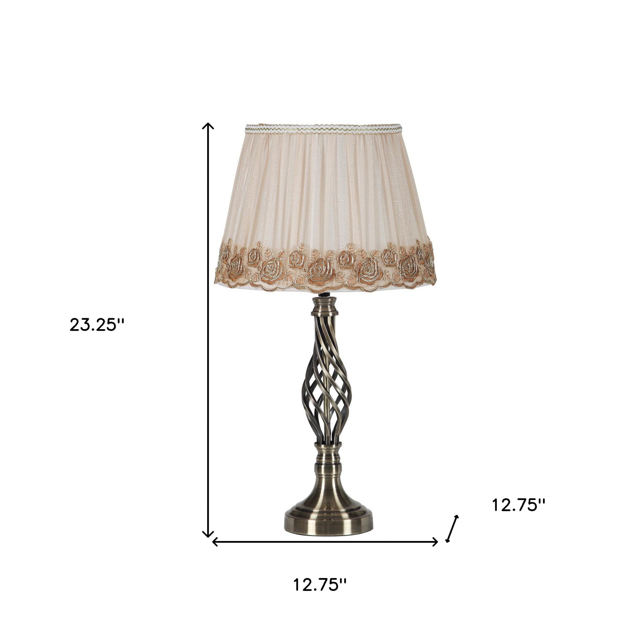 23" Antiqued Brass Metal Table Lamp With White And Brown Classic Empire Shade