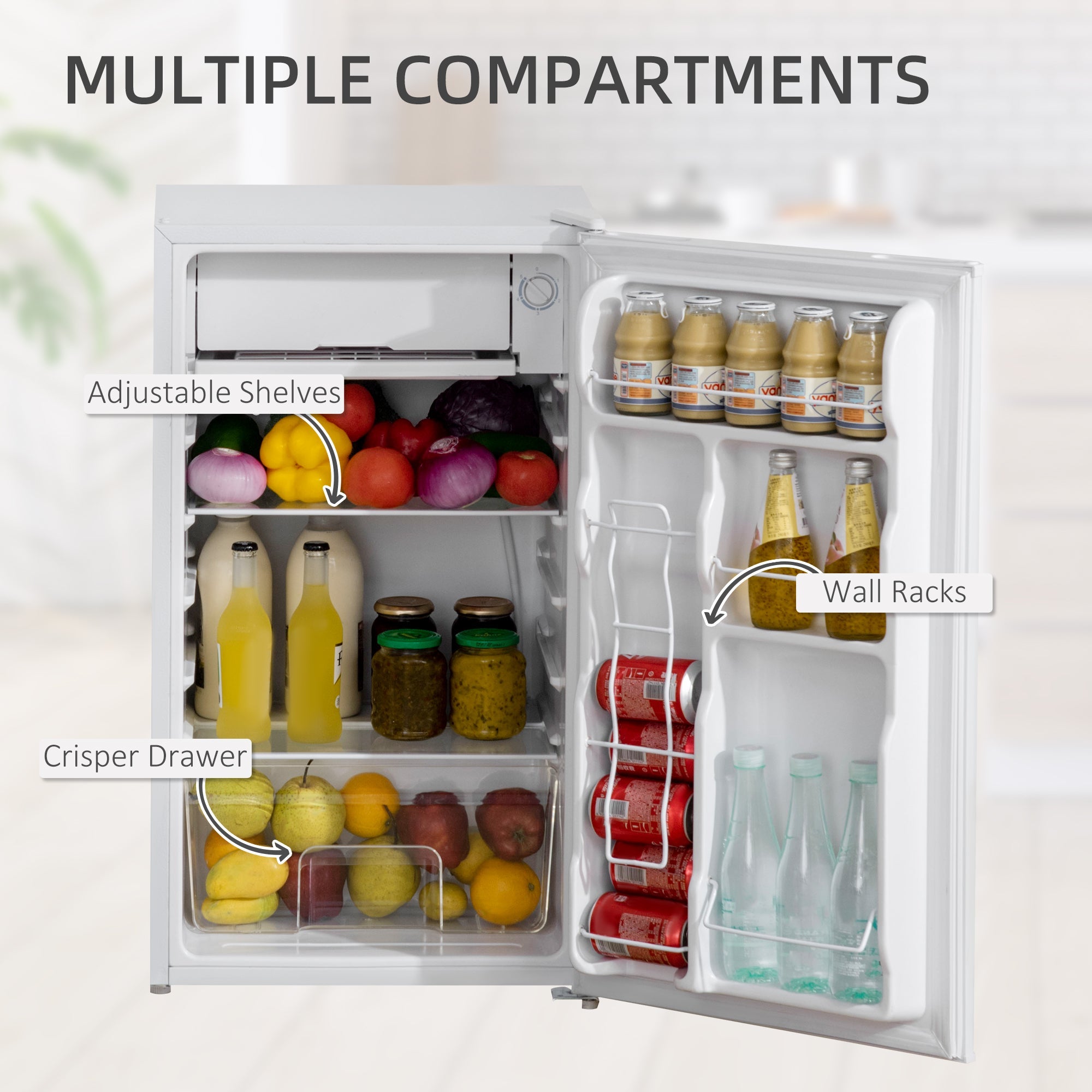 HOMCOM Compact White Mini Fridge with Freezer Adjustable Shelf Mechanical Thermostat Reversible Door