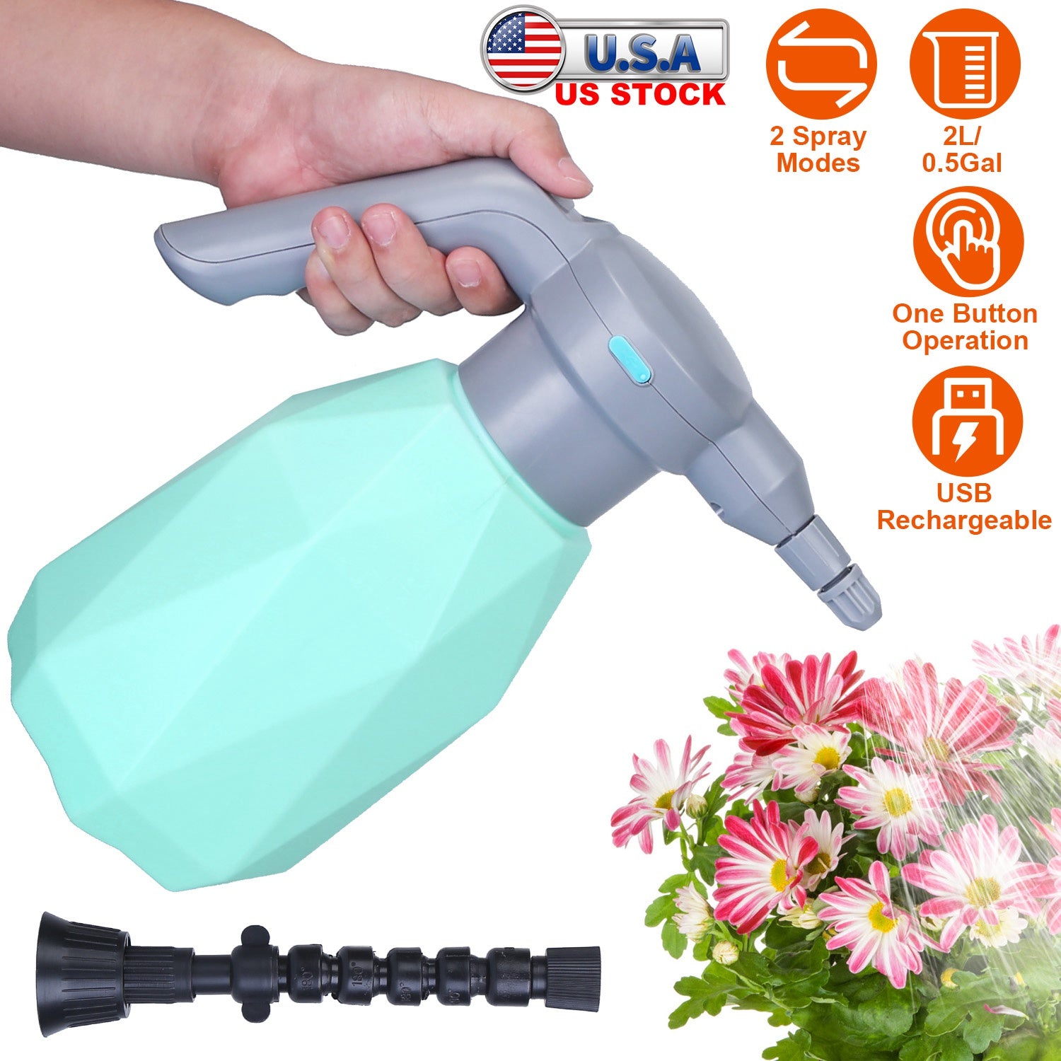 2L/0.5Gallon Electric Spray Bottle Rechargeable Handheld Automatic Plant Watering Sprayer Tank 360 Degrees Adjustable Spout