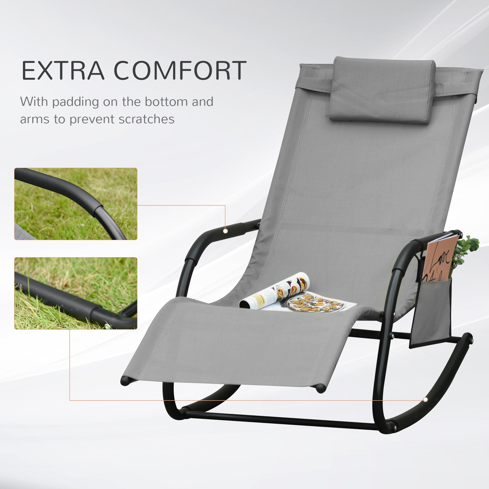 Outsunny Patio Rocking Recliner Chair Sling Fabric Sun Lounger with Headrest Side Pocket for Outdoor Garden Deck Grey