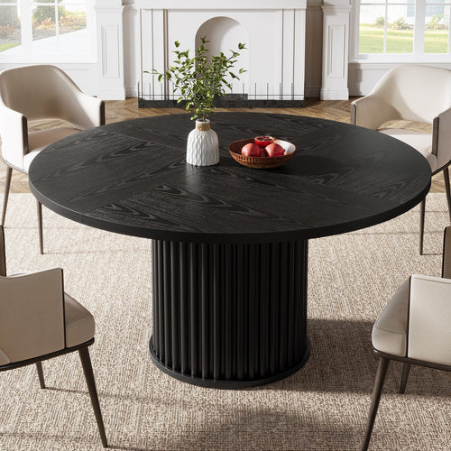 47" Round Dining Table, Wood Kitchen Table with Sturdy Fluted Metal Base, Modern Black Dining Table for 6 People