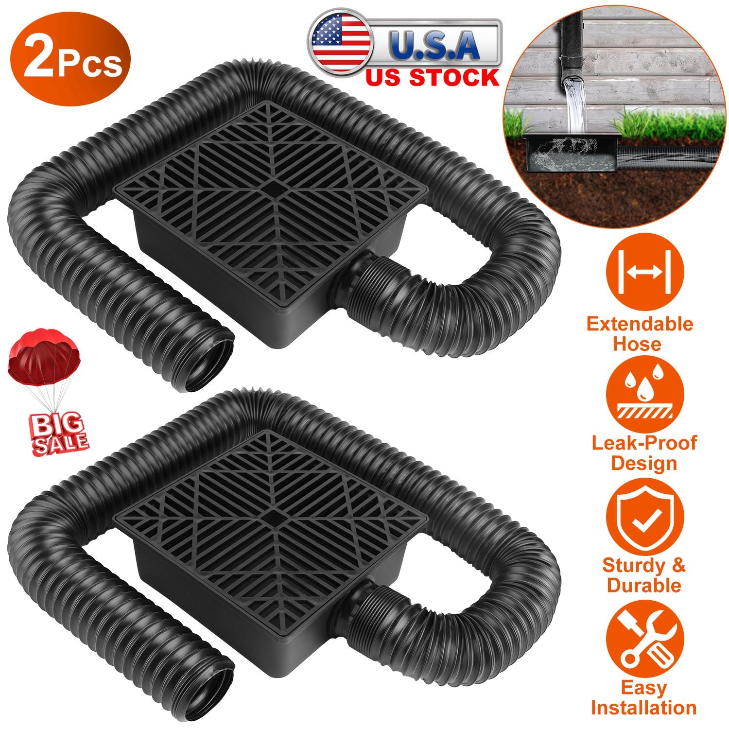 2Pcs Gutter Downspout Extension Low Profile No Deep Digging Catch Basin Downspout Extender with 4.9FT Flexible Extendable Hose For House Foundation Pr