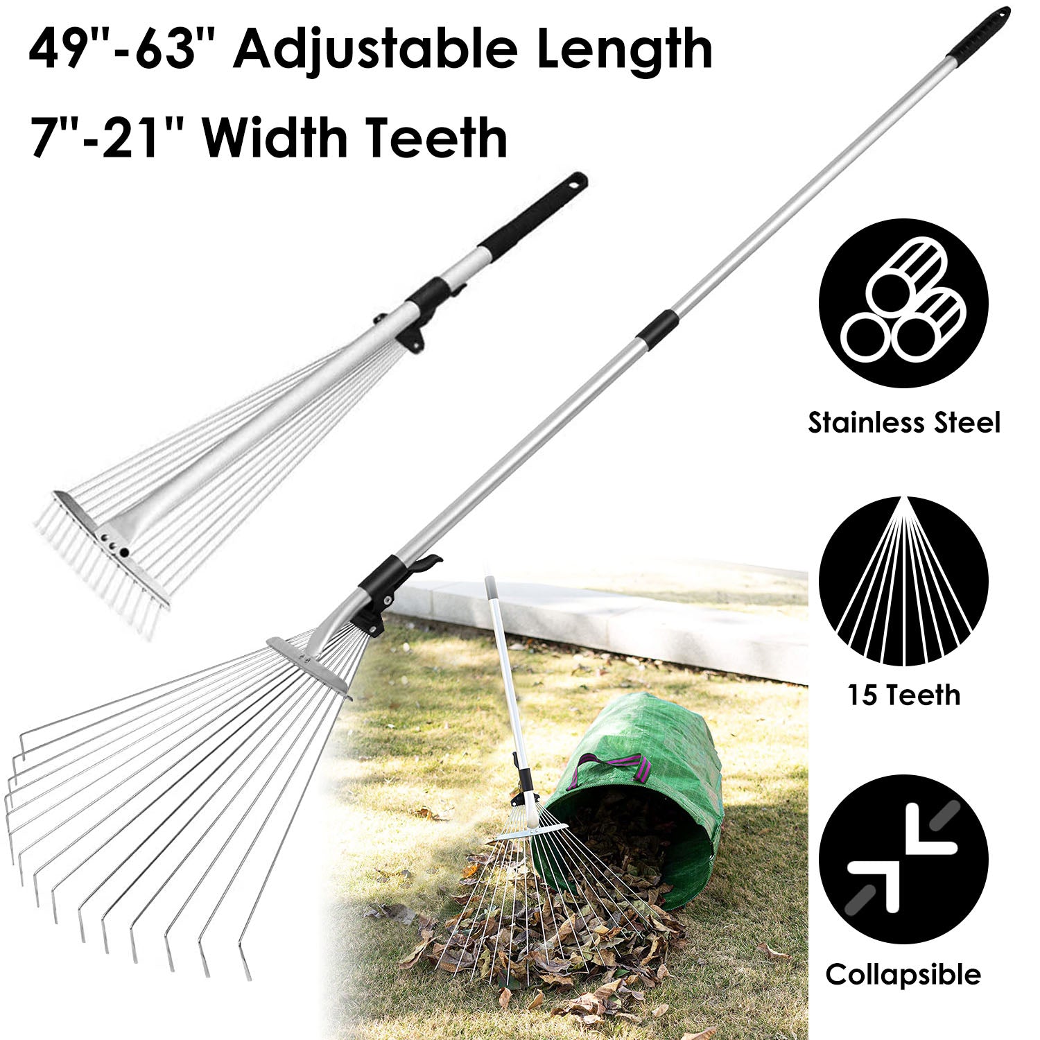 63in Adjustable Garden Leaf Rake 15 Teeth Expanding Stainless Steel Rake For Quick Clean Lawn Yard Garden w/ 7-21inch Teeth Width Folding Head