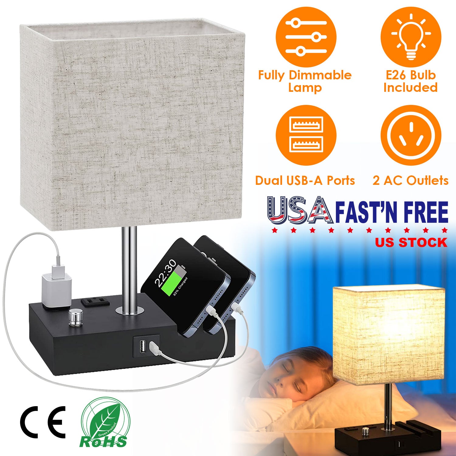 Fully Dimmable Table Lamp for Bedroom Living Room Bedside Lamp for Nightstand Dual USB Ports 2 Power Outlets LED Bulb Included