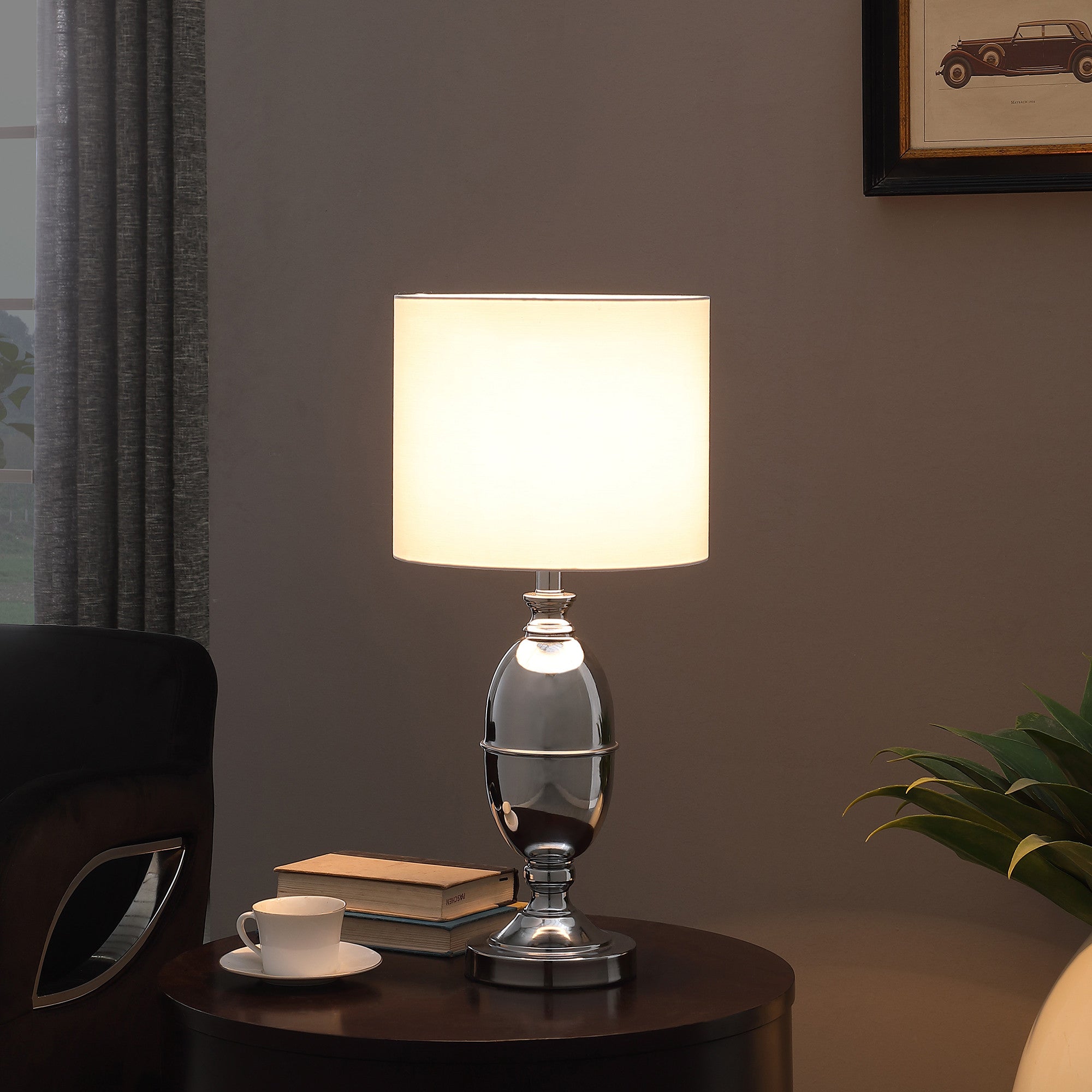25" Silver Chrome Metal Standard Table Lamp With White Shade