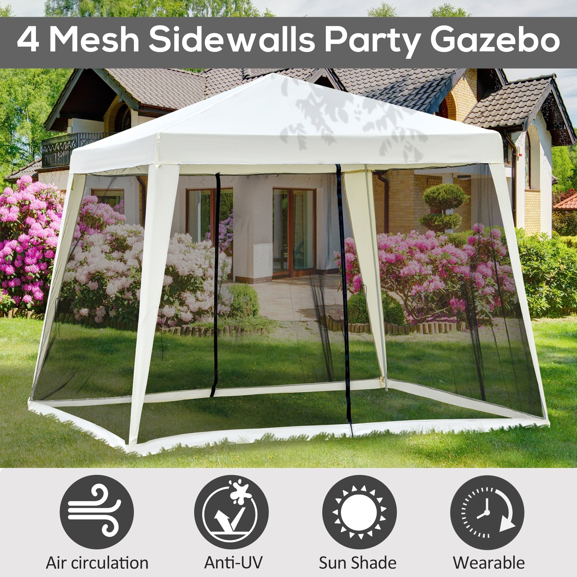 Outsunny 10x10ft Gazebo Tent Netting Patio Canopy Outdoor Party Activity Sun Shade Garden Sun Shelter Mesh Screen Walls Slant Leg Beige