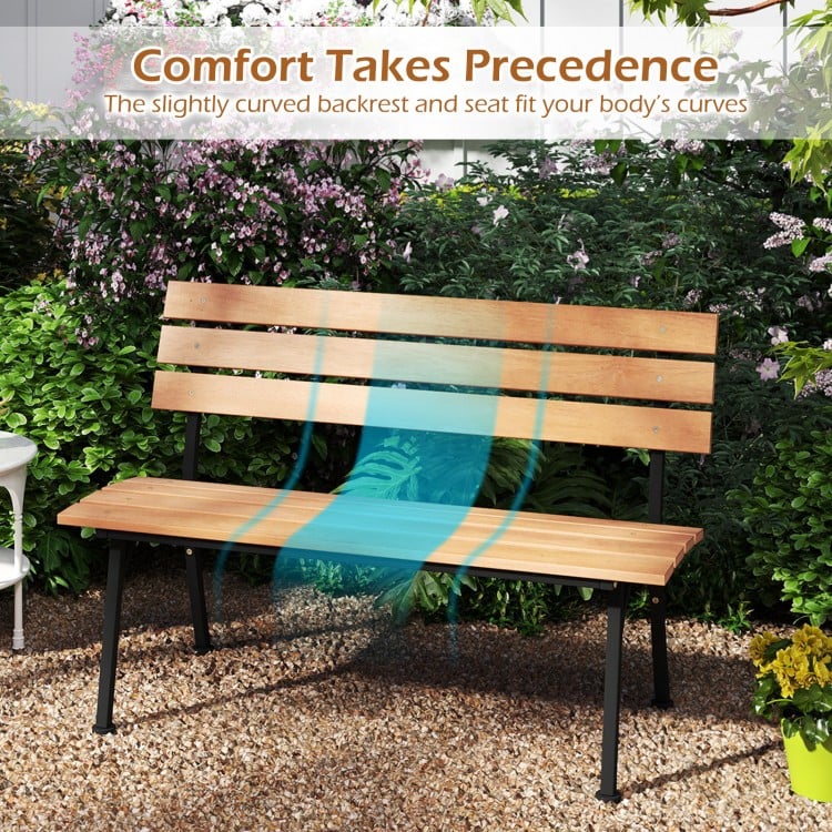 47 Inch Outdoor Acacia Wood Bench with Metal Frame and Slatted Seat