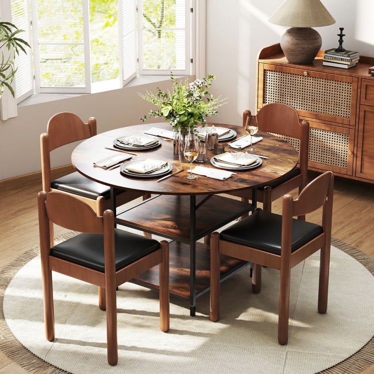 47 Inch Round Dining Table for 4-6 People Large Kitchen Table with 2-Tier Storage Shelves-Rustic Brown