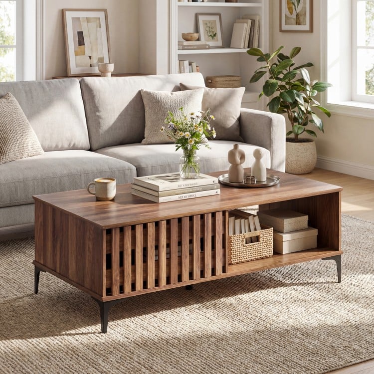47 Inches Mid Century Coffee Table Farmhouse Wooden Center Table-Walnut