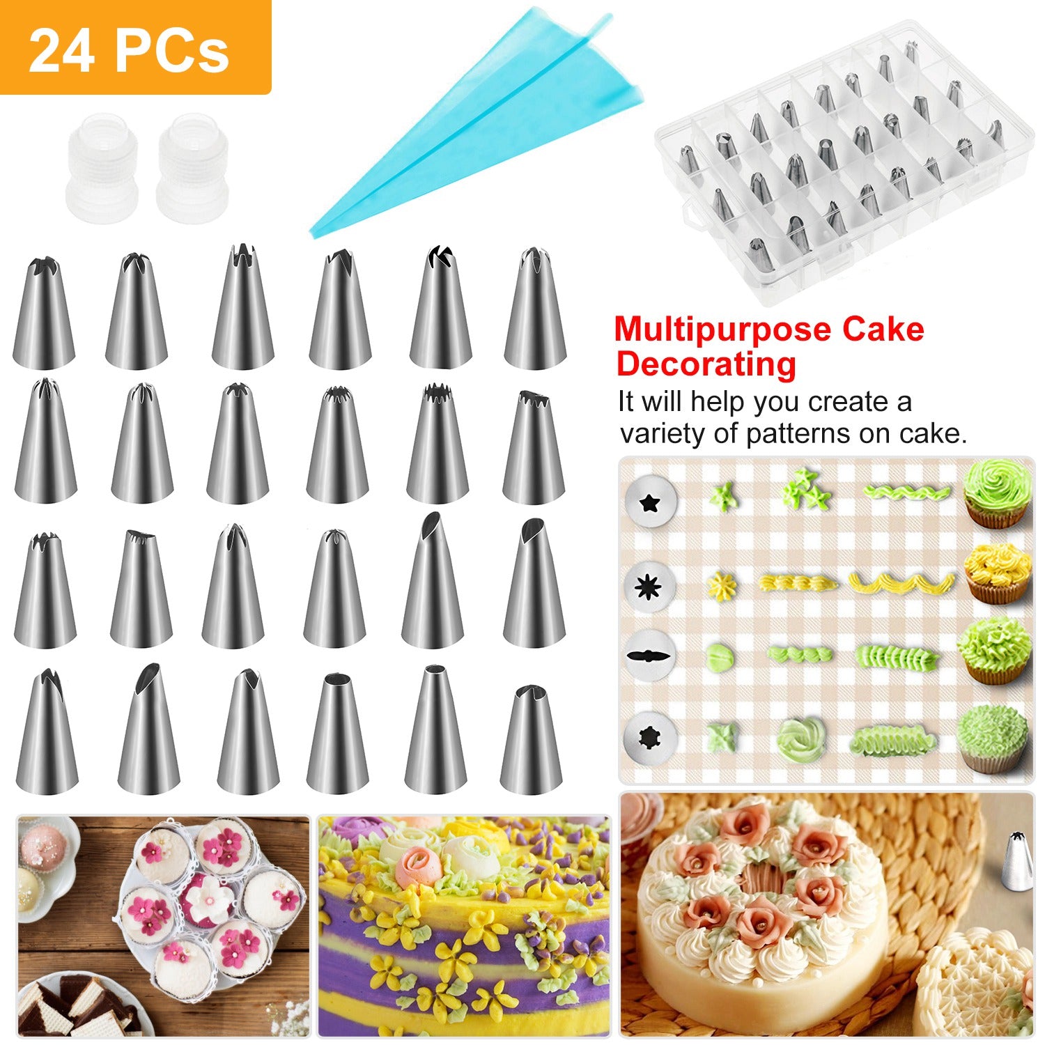 24Pcs Cake Decorating Supplies kit Stainless Steel DIY Baking Supplies Icing Tips with Pastry Bags & Disposable Coupler & Storage Case