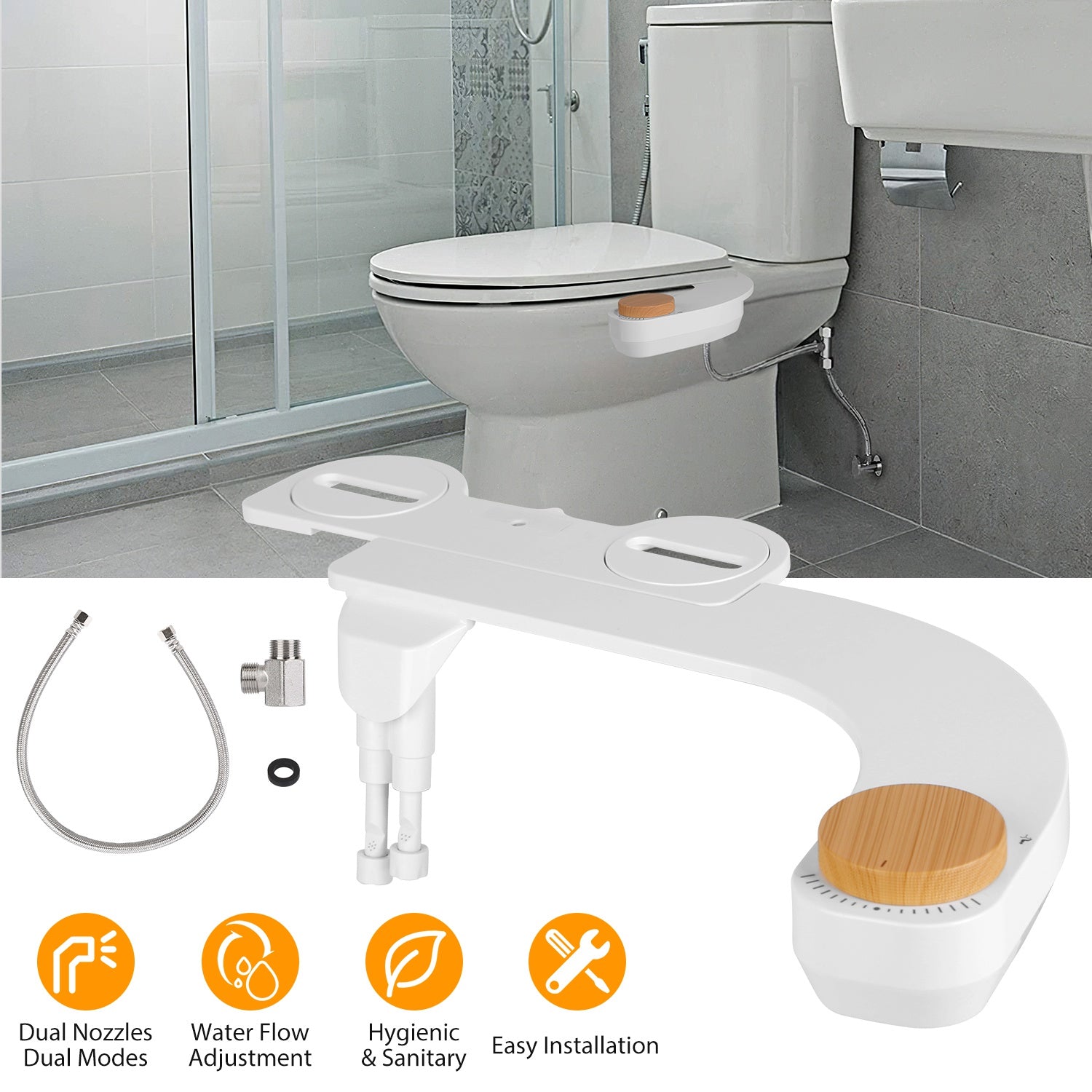 Bidet Attachment Non-Electric Fresh Water Bidet Sprayer Toilet Seat Attachment with Dual Nozzles Water Flow Control