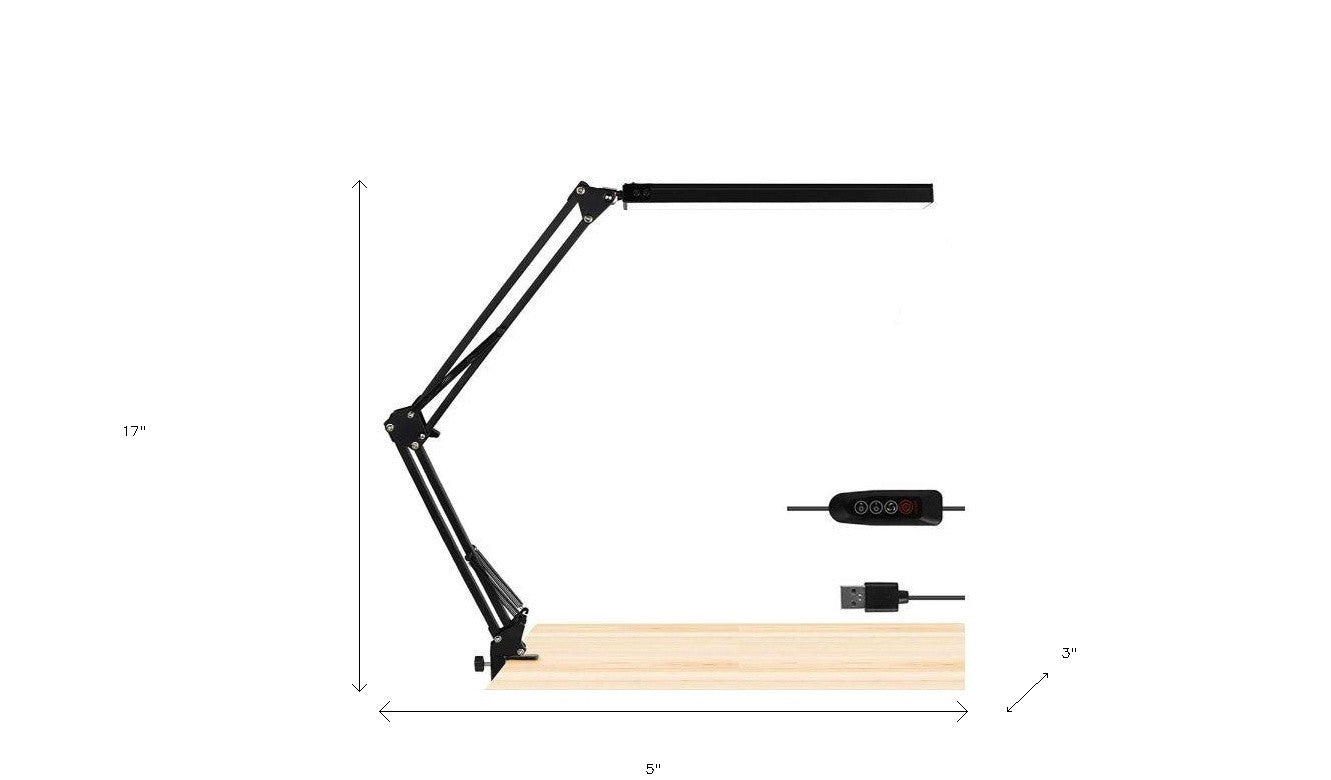 17" Black Metal USB Adjustable Swing Arm LED Desk Lamp with Clamp