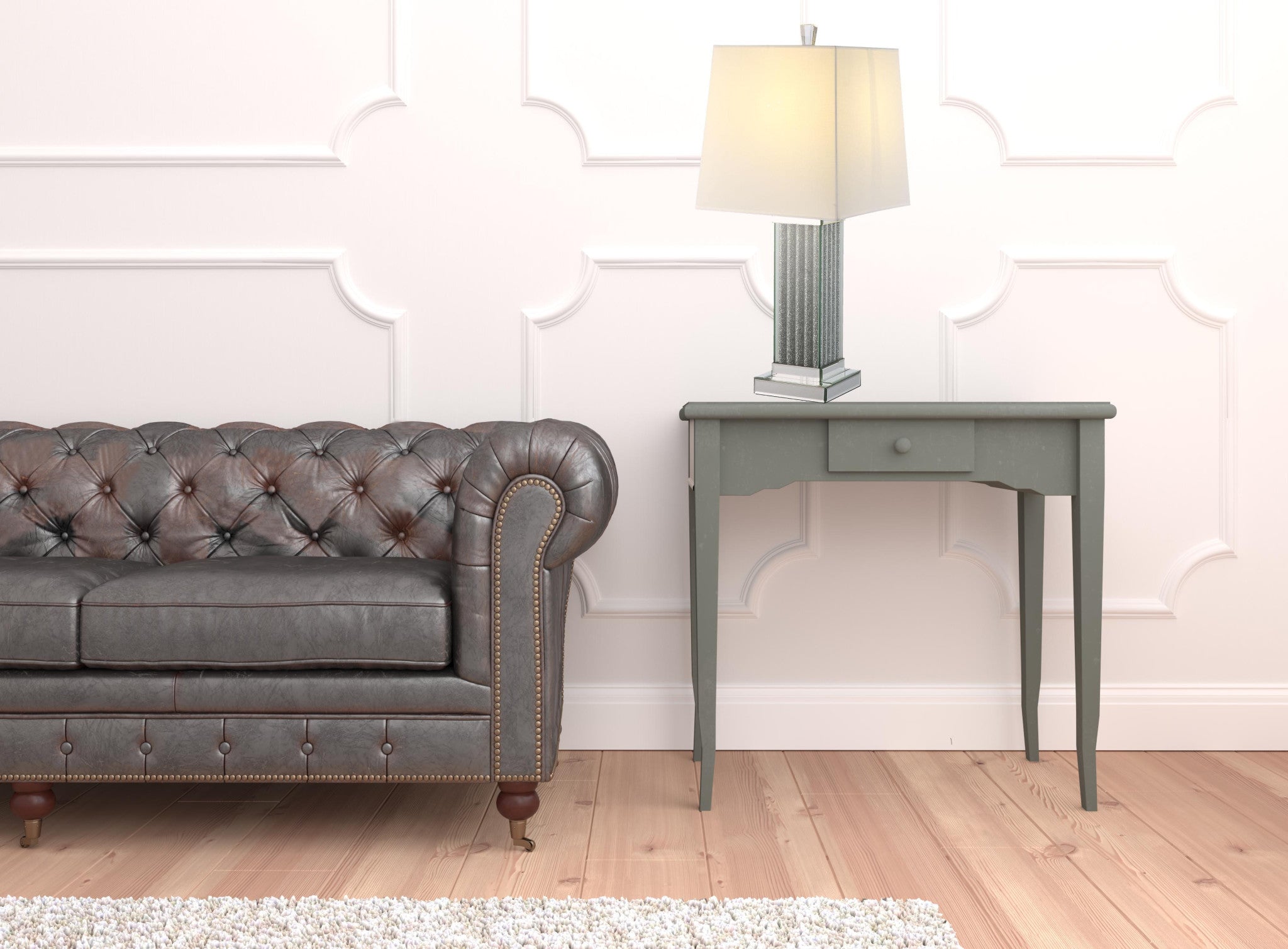 30" Mirrored Glass and Faux Stone Column Table Lamp With White Square Shade