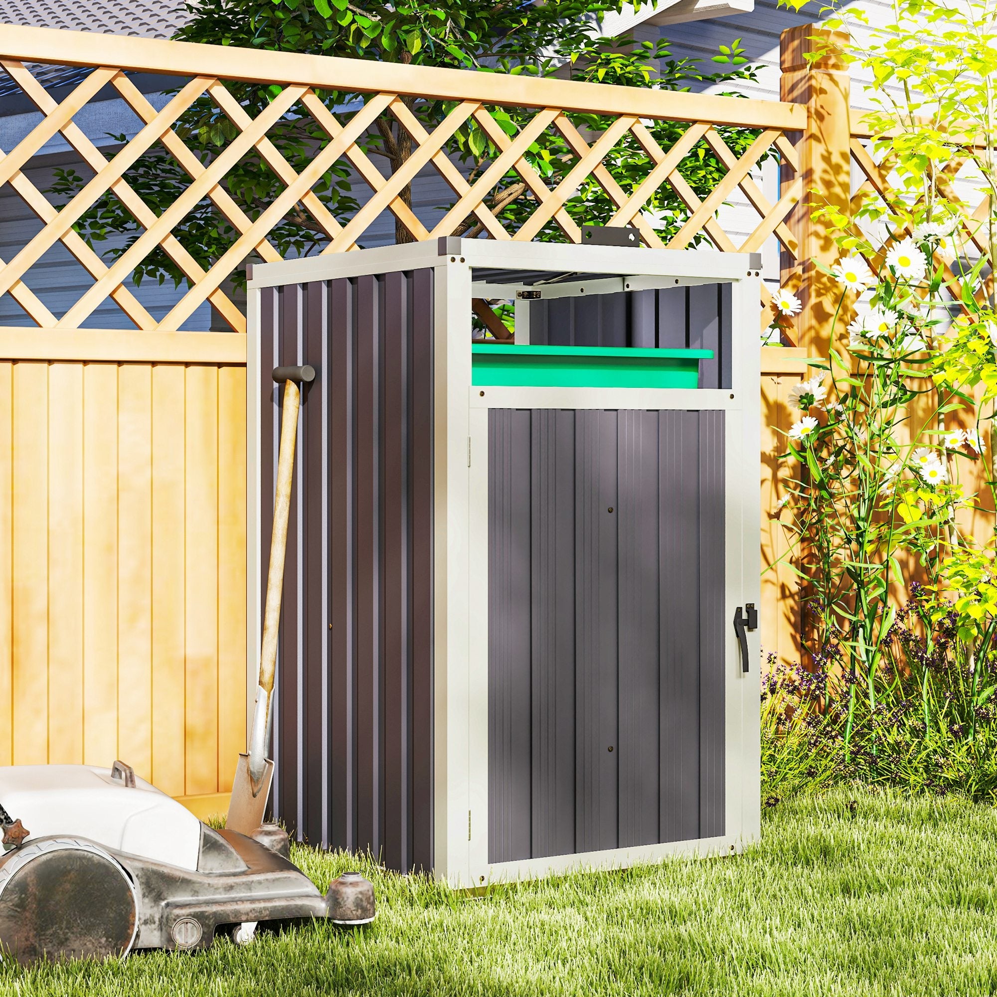 Outsunny Single Garbage Bin Shed, Lockable Outdoor Storage Shed with Openable Lid, Galvanized Frame for Garden Patio, Dark Grey