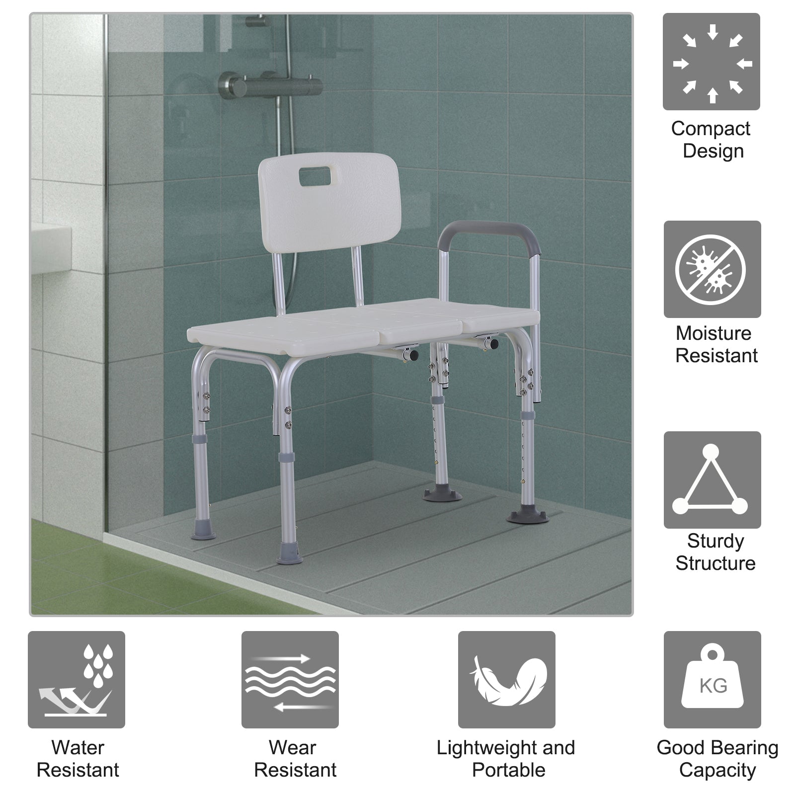 HOMCOM 6-Level Adjustable Bath and Shower Transfer Bench Aluminum Chair with Non-Slip Feet, Armrest & Backrest, White