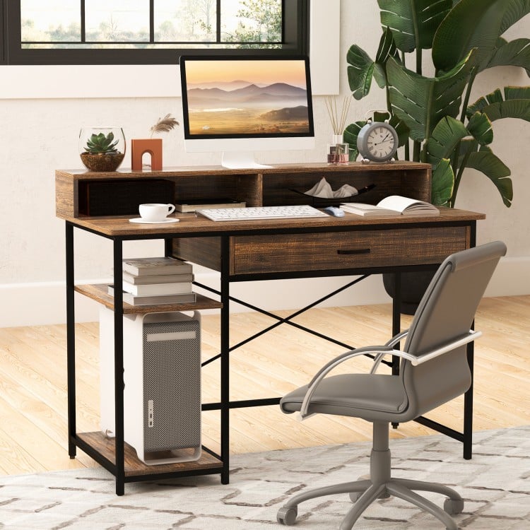 48 Inch Computer Desk with Monitor Stand Drawer and Shelves-Rustic Brown
