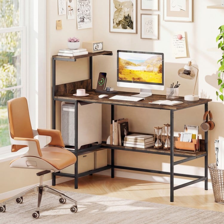 48 Inch Computer Desk with Power Outlets and Storage Shelves-Rustic Brown