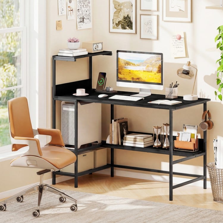 48 Inch Computer Desk with Power Outlets and Storage Shelves-Black