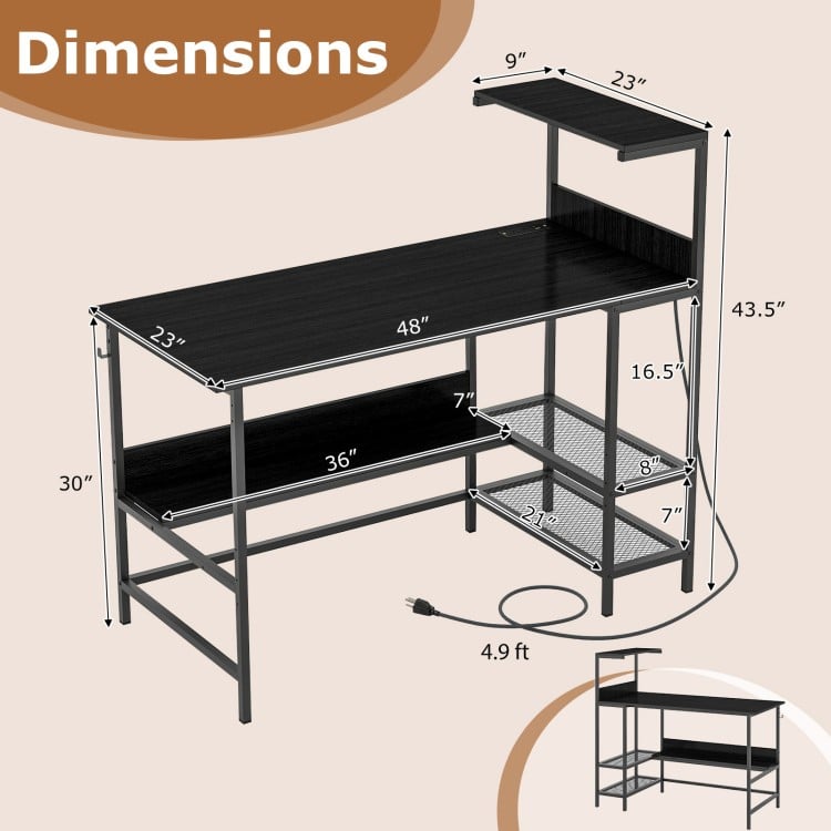 48 Inch Computer Desk with Power Outlets and Storage Shelves-Black