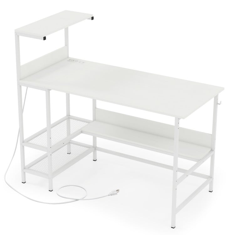 48 Inch Computer Desk with Power Outlets and Storage Shelves-White