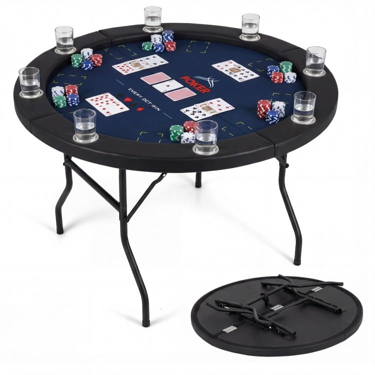 48 Inch Foldable Poker Table with 8 Cup Holders and Padded Edges-Blue