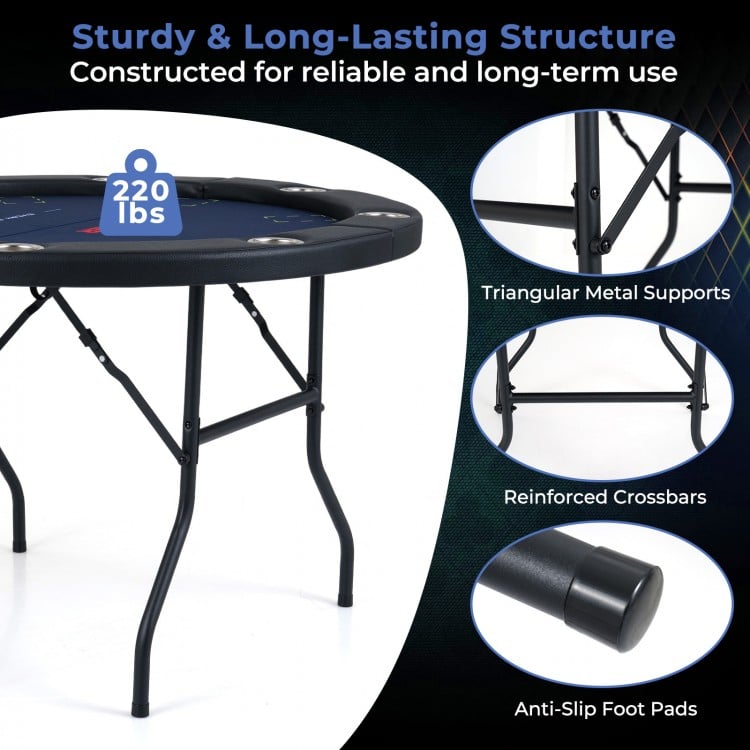 48 Inch Foldable Poker Table with 8 Cup Holders and Padded Edges-Blue