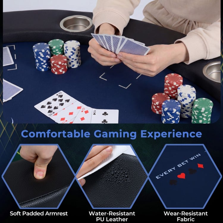 48 Inch Foldable Poker Table with 8 Cup Holders and Padded Edges-Blue