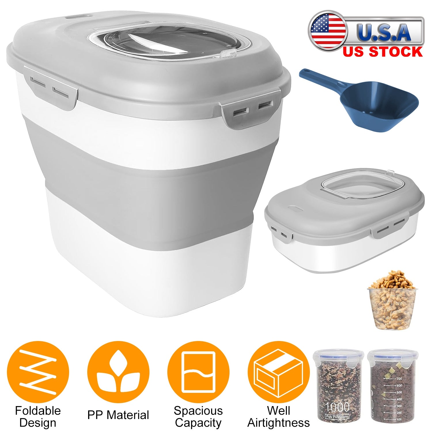 16.5 to 55LBS Collapsible Food Storage Container With Rolling Wheels Airtight Clear Lid Desiccant Slot Rice Dog Cat Food Foldable Dispenser With Scoop