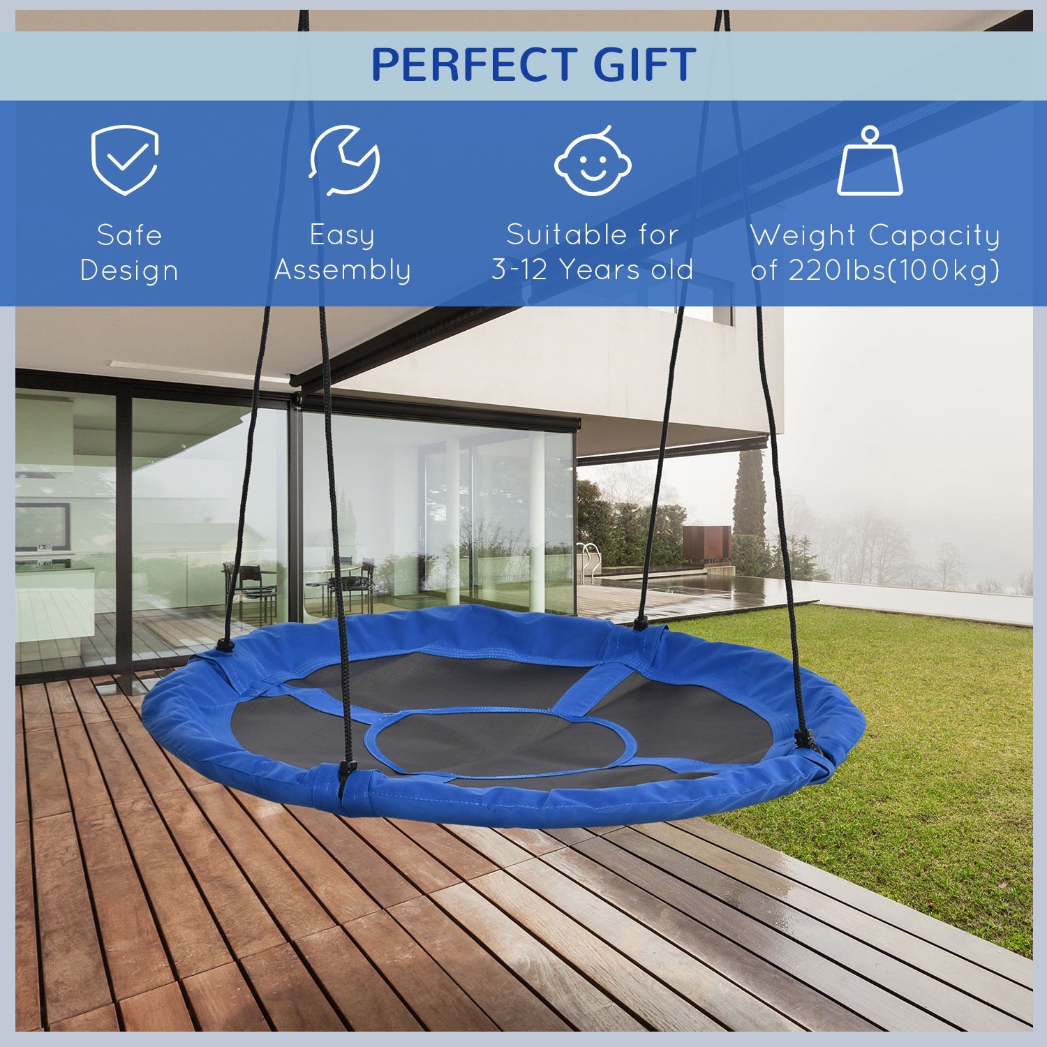 Outsunny Giant Saucer Tree Swing, 43.25" Nest Web Rope Hanging Seat for Backyard Playground - Blue