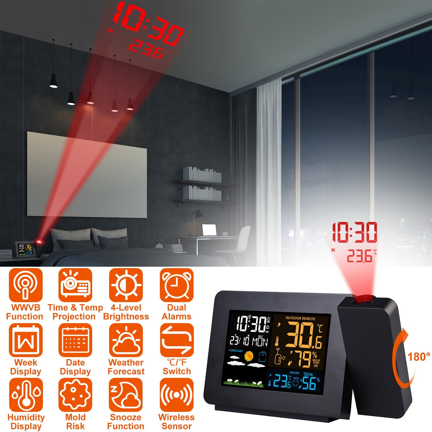 Atomic Projection Alarm Clock Radio Control Clock with WWVB Function Weather Station Dual Alarms Snooze Outdoor Wireless Temperature Humidity Sensor