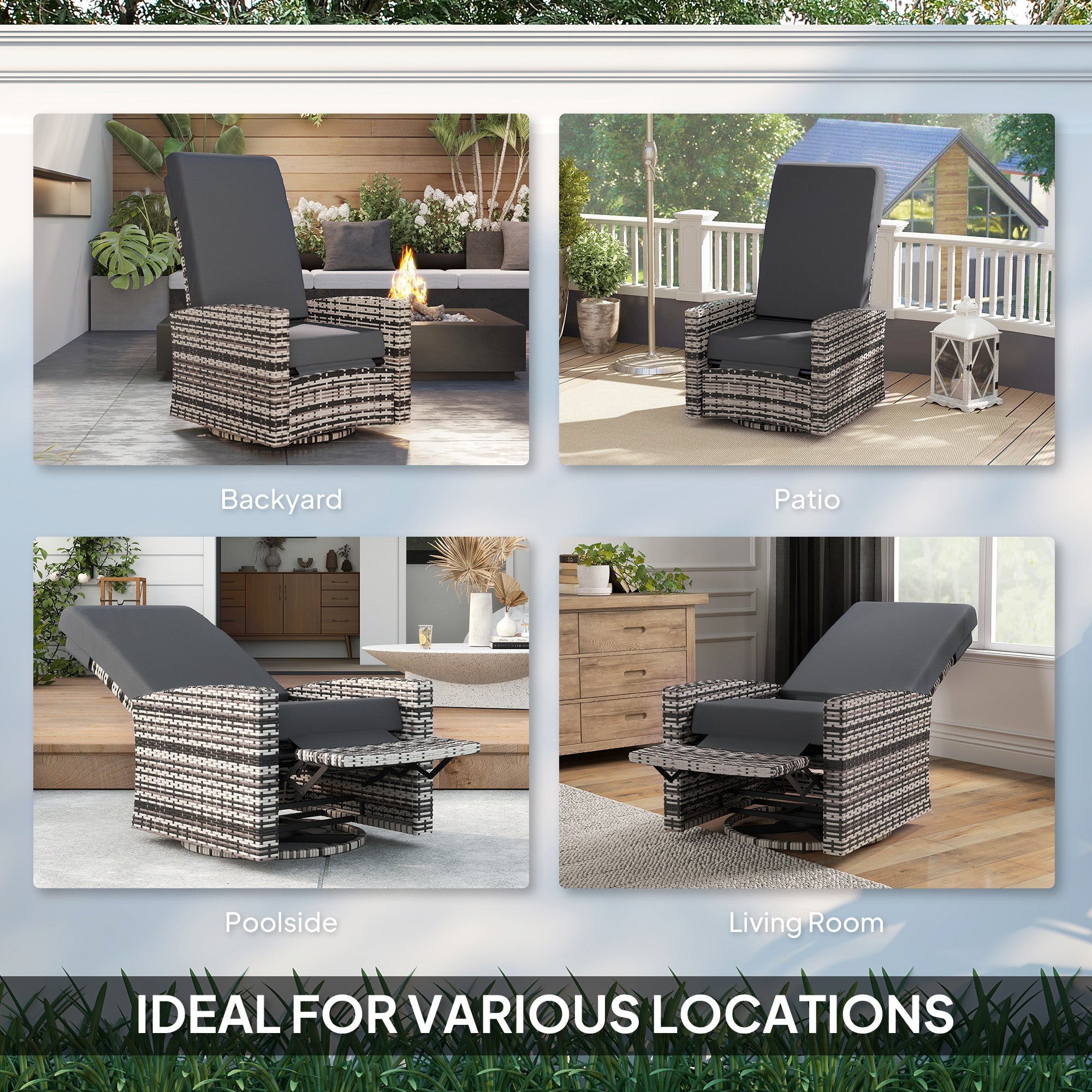 Outsunny Outdoor Rattan Wicker Lounge Chair with Footrest & Soft Cushion for Patio, Garden, Backyard, Grey