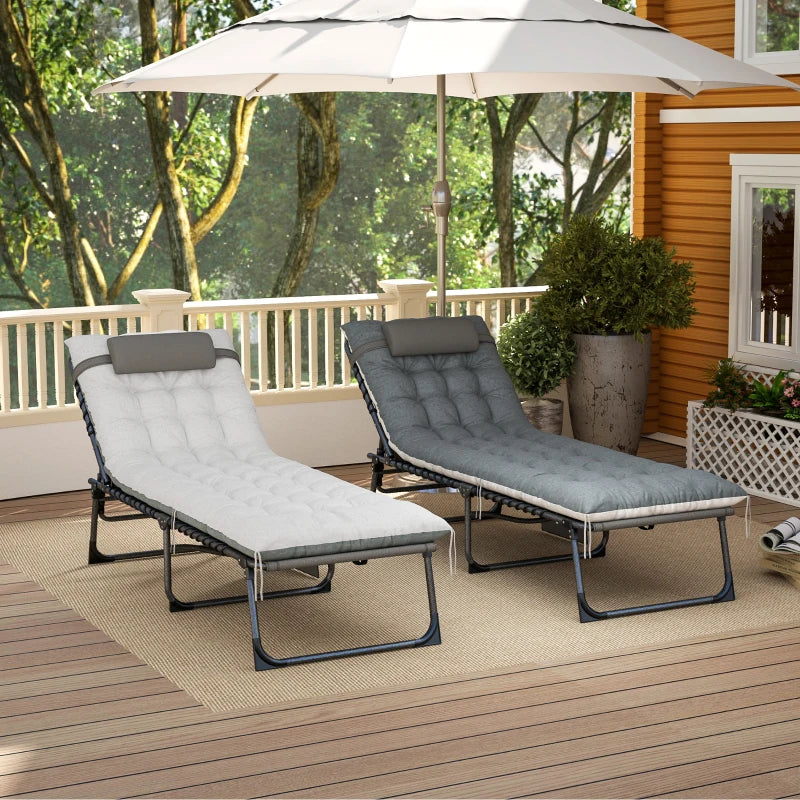 Outdoor Lounge Chair Set of 2, Folding Chaise Lounge Tanning Chair with Cushion, Side Pocket, Grey