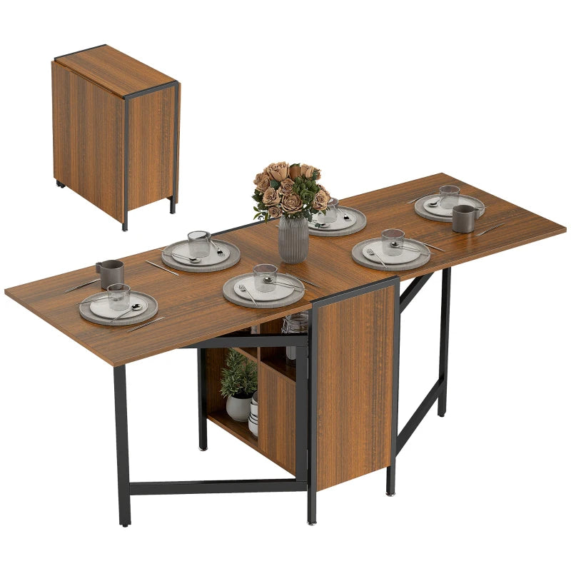 Multi-use Foldable Table with Hideaway Shelves, Drop Leaf Table for Kitchen, Dining, Study and Office, Brown