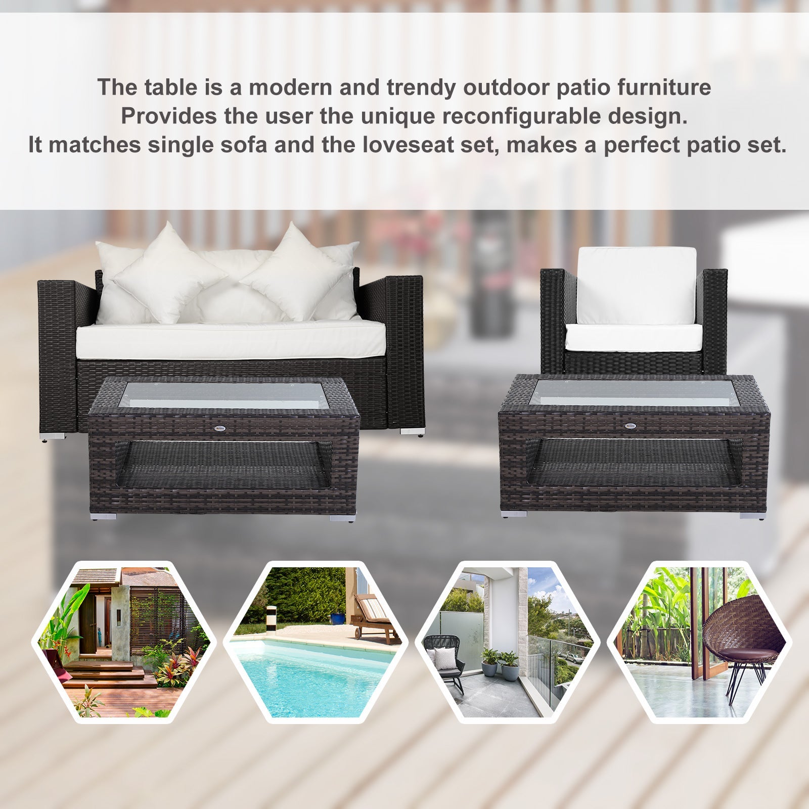 Outsunny Rattan Patio Coffee Table 2-Tier Outdoor Side Table with Tempered Glass Top Storage Wicker Garden Tea Desk