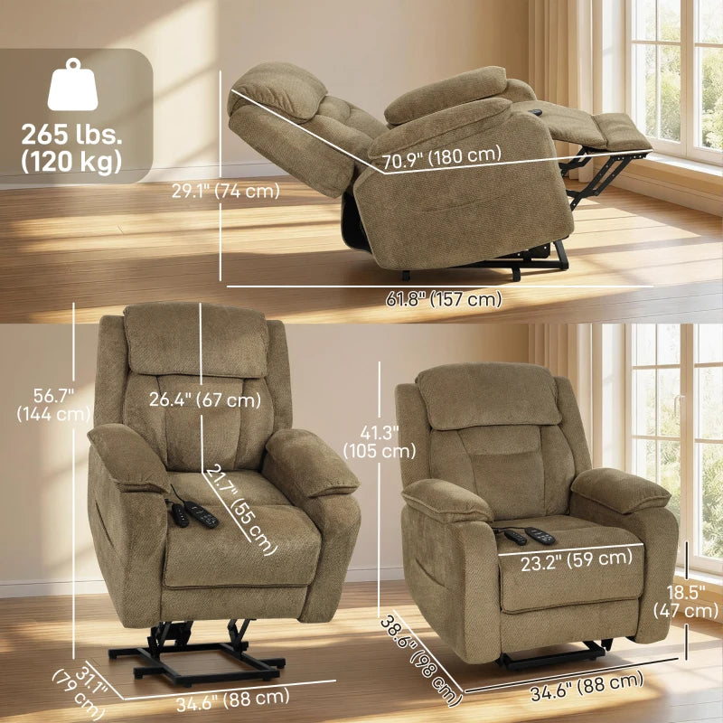 Power Recliner Chair with Massage, Electric Lift Chair for Elderly with Side Pockets, 2 Memory Positions, Remote, Brown