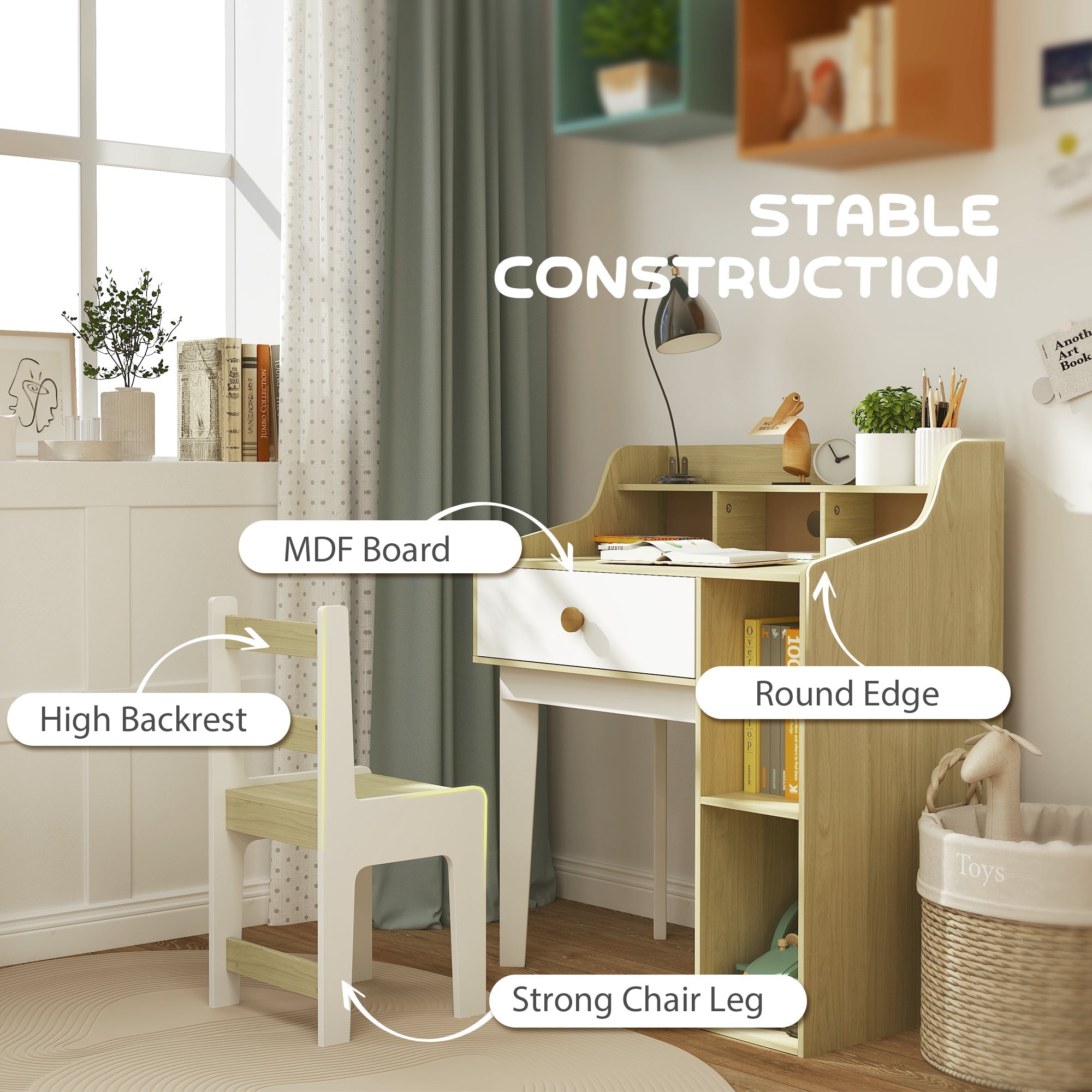 Qaba Kids Desk and Chair Set with Storage Shelves, Drawer, for 3-10 Years, White