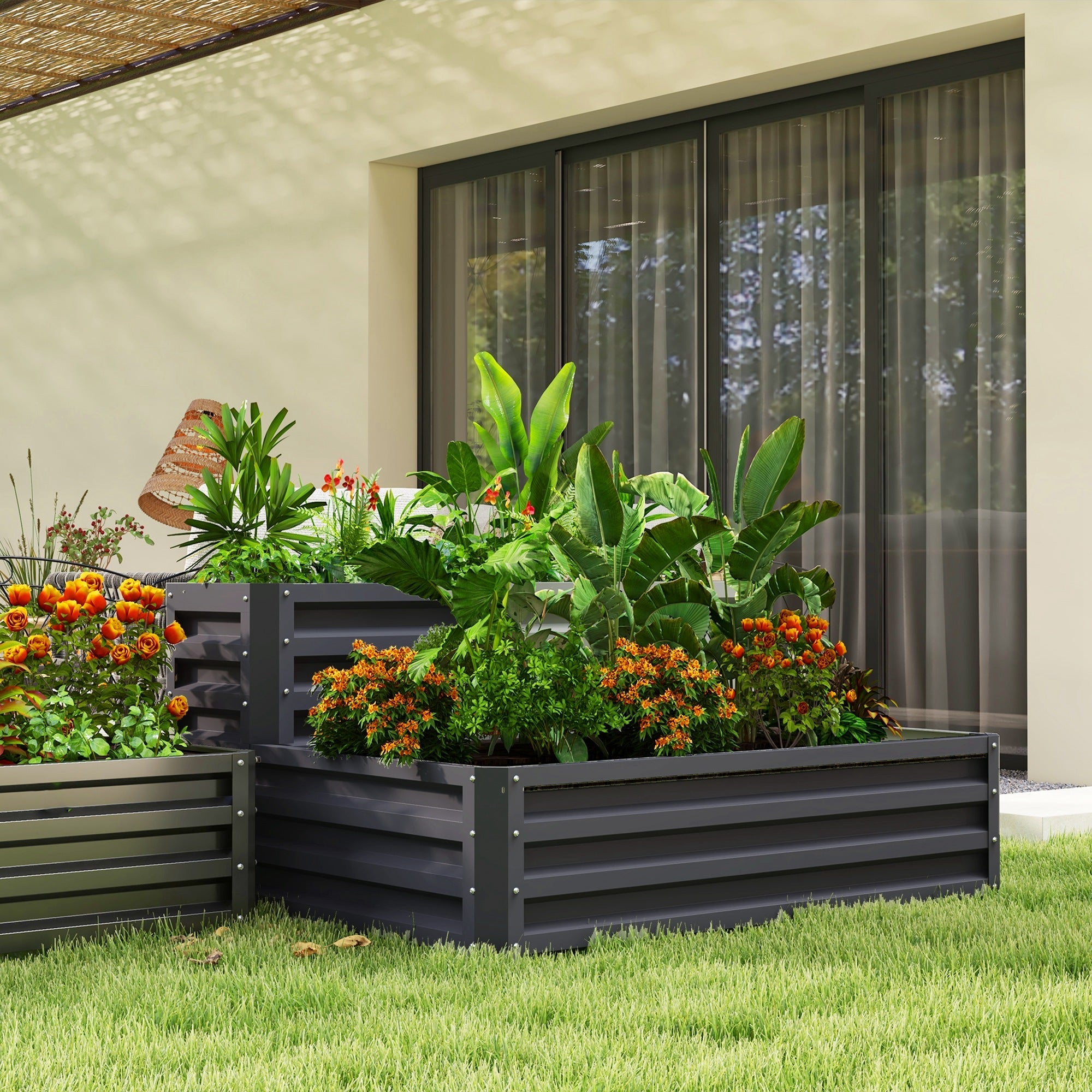 Outsunny 2 Tier Raised Garden Bed Galvanized Steel Planter Box Patio Backyard Veggies Flowers Herbs Growing Dark Grey 47"x40"x23"